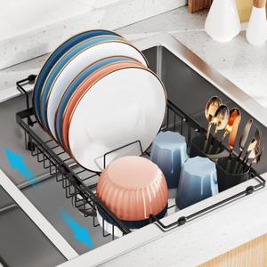 iSPECLE Expandable in Sink Dish Drying Rack - Adjustable Capacity (12.4''-17.1''L) Over The Sink Dish Drainer Drying Rack for Kitchen Counter and Sink, Dish Rack with Utensil Holder, Black (Medium)