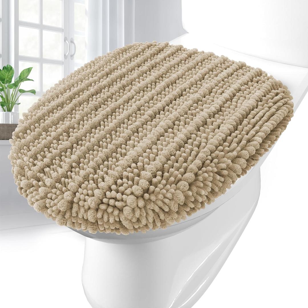 Arotive Soft Chenille Bathroom Toilet Lid Cover 17.5x15, Machine Washable Seat Covers, Stays in Place Non-Slip Backing, Fits Most Round, Elongated and Oblong Lids, Accessories Decor, Beige