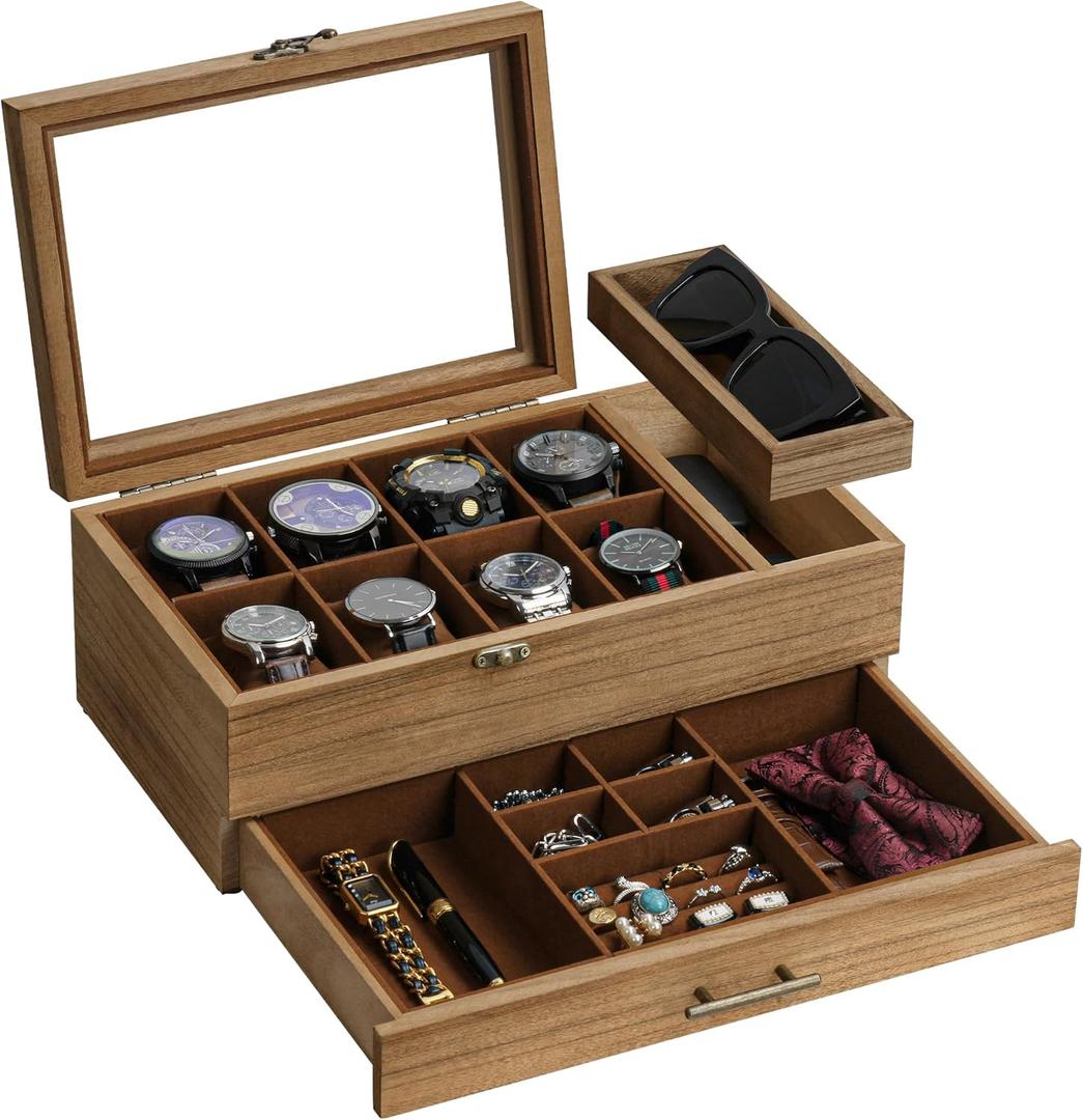 Watch Box with Tray, 2-Tier Watch Case for Large Dial Watches, 8-Slot Watch Display Case with Lid, Removable Watch Pillows, Drawer, Gifts for Men Women, Watch Organizer, Jewelry Box, Walnut