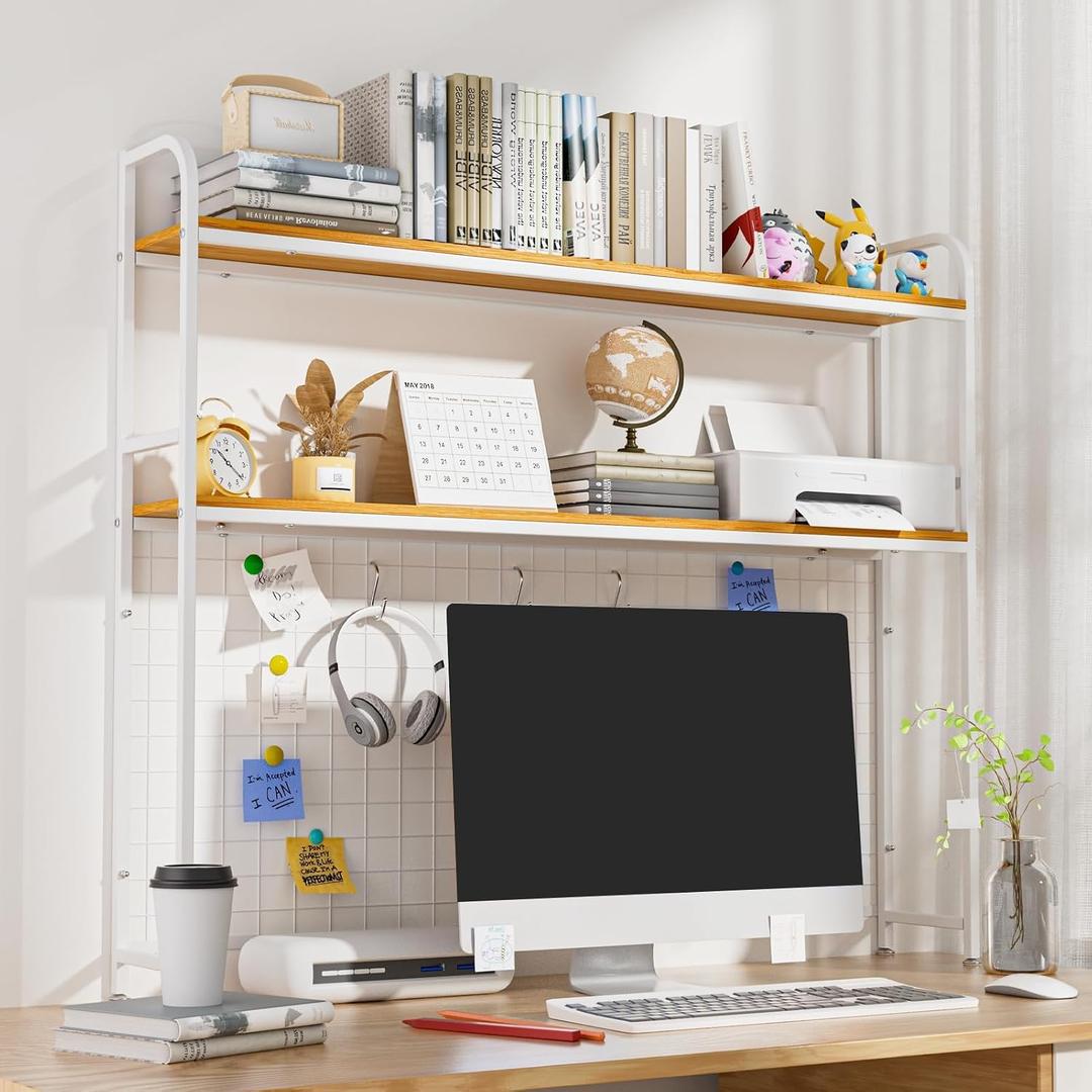 Desk Shelf, 2-Tier Desktop Hutch Bookshelf with Grid Panel, Metal Table Top Bookcase for Computer, Freestanding Countertop Storage Organizer Rack for Dorm, Office & Home, White, 45.3" W