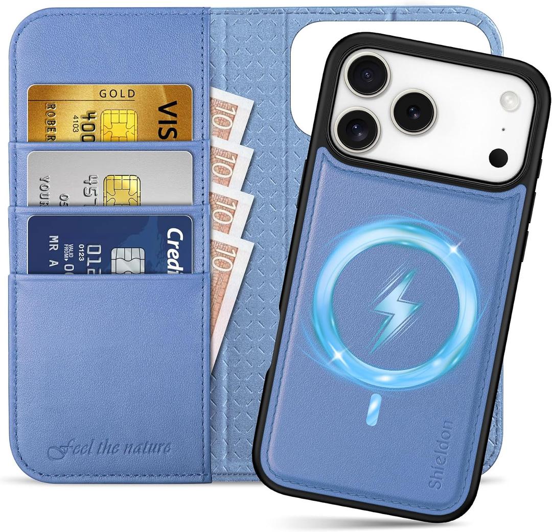 SHIELDON 2 in 1 Wallet Case for iPhone 17 Pro Max 6.9" | Detachable, Genuine Leather, Wireless Charging, Flip Kickstand, RFID Blocking Credit Card Slot, Magnetic Protective Cover - Wisteria Purple