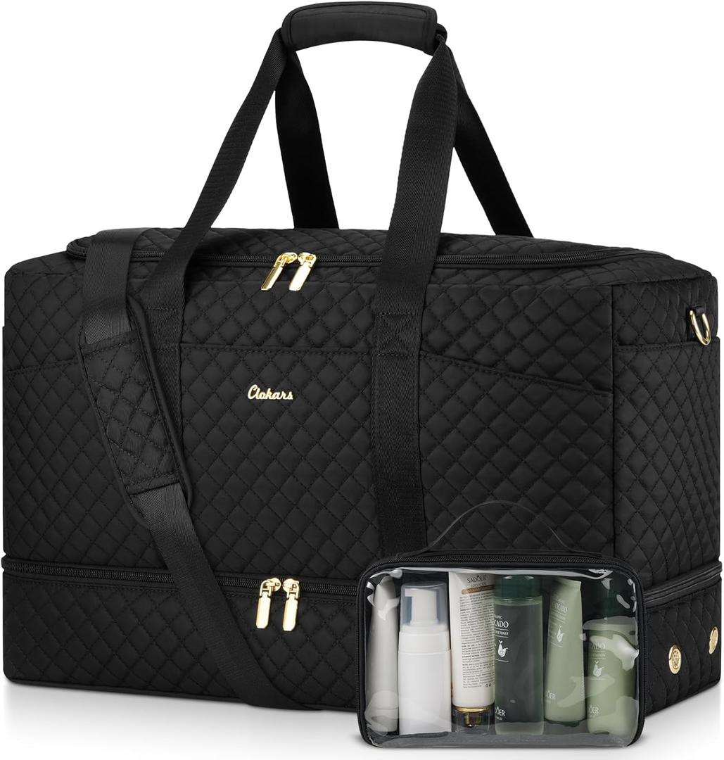 Duffle Bag for Travel, Weekender Bag with Shoe Compartment, Carry On Overnight Bag for Women with Toiletry Bag Duffel Bags with Wet Pocket for Gym Hospital Bags for Labor and Delivery Black