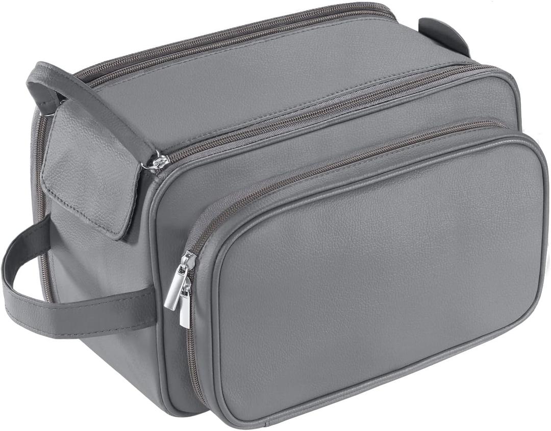 Buruis Extra Large Toiletry Bag for Men, Travel Toiletry Organizer Dopp Kit Water-resistant Shaving Bags, PU Leather Cosmetic Bathroom Shower Bag for Toiletries, Grooming, Accessories (Grey) (XL)