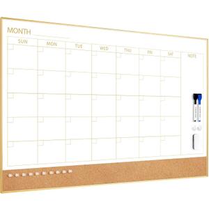 ARCOBIS Dry Erase Calendar Whiteboard Cork Board Combo, 36"x24" Magnetic White Board Calendar Dry Erase for Wall, Gold Frame Monthly Combination Board for Office, Home, School