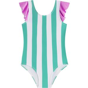LIZENS Girls One Piece Swimwear Stylish Girls Swimsuit for Ages 2-12 Color Clash Vintage (Green Stripe)