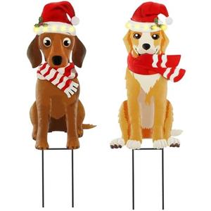 Soaoo 2 Pack Solar Christmas Outdoor Decorations 27 Solar Light Dog Metal Christmas Stake Yard Signs Decoration with Santa Hat for Xmas Holiday Garden Lawn(Dog).