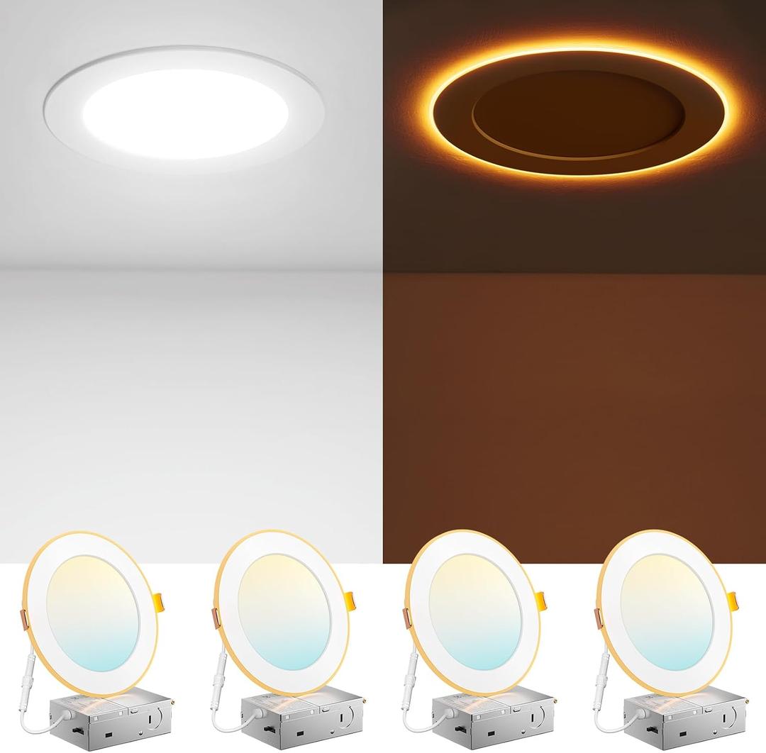 Amico 4 Pack 6 Inch 5CCT LED Recessed Ceiling Light with Night Light, 2700K/3000K/3500K/4000K/5000K Selectable Ultra-Thin Recessed Lighting, 12W=110W, 1100LM, Dimmable Canless Wafer Downlight ETL&FCC