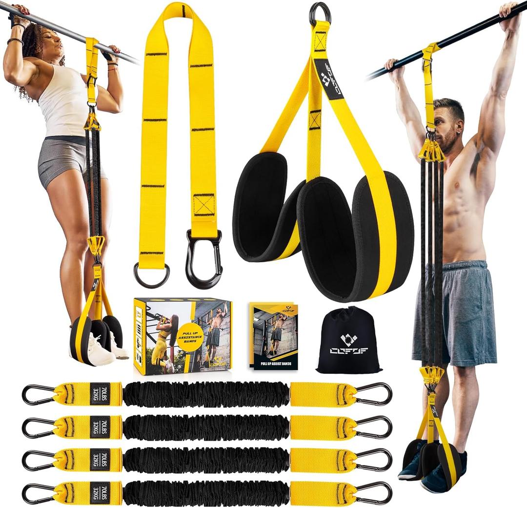 Heavy-Duty Pull Up Resistance Bands with Adjustable Resistance & Height, Dual Stable Foot Support Pedals, Assist Beginners in Pull Up Workout (Yellow)