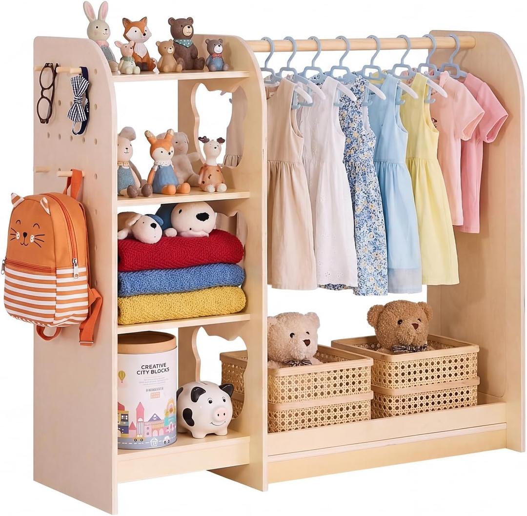 VEVOR Kids Dress Up Storage, with Mirror, Wooden Kids Dress Up Rack, Toddler Wardrobe Closet for Little Girls, Storage Armoire, Costume Organizer, Children Playroom Furniture, for Bedroom, Natural