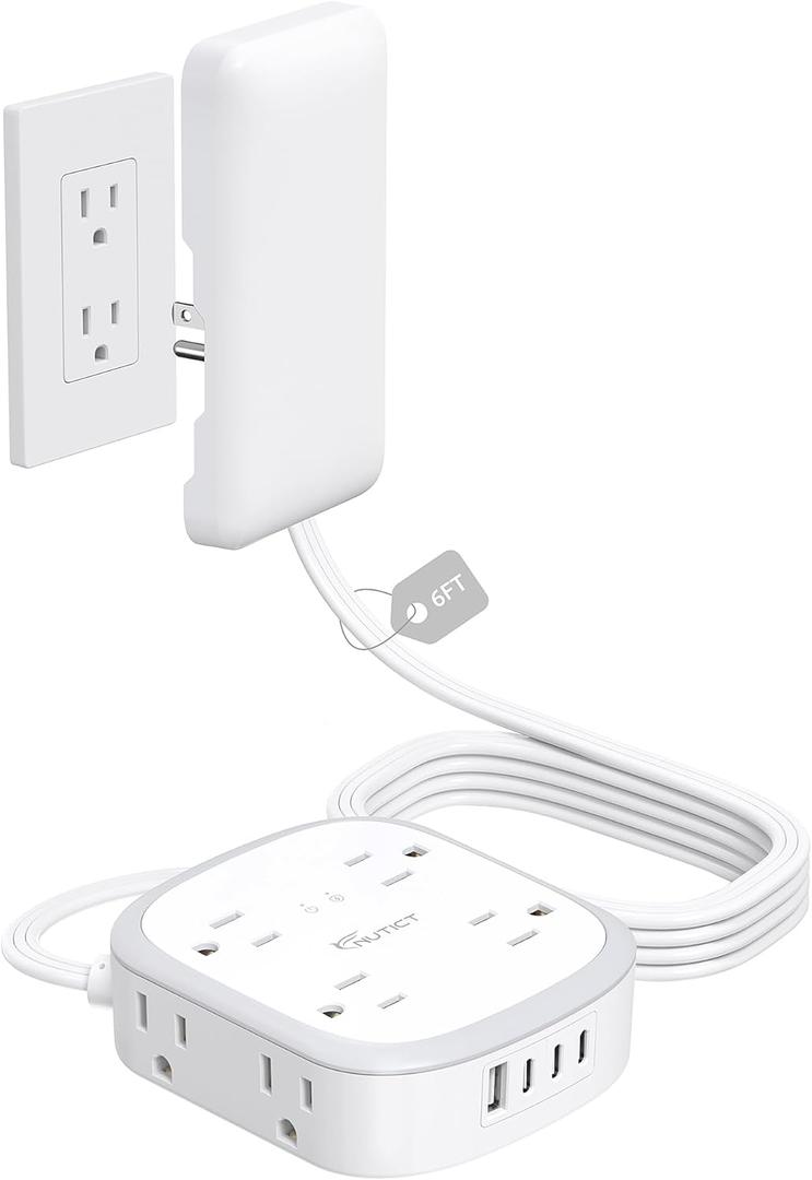 Outlet Cover Extension Cord Flat 6ft, NUTICT Flat Plug Power Strip with 8 Outlets & 3 USB-C & 1 USB-A Port, 13A/1625W, 1440J Surge Protector, Indoor 3 Prong Flat Wall Plug for Tight Spaces, White