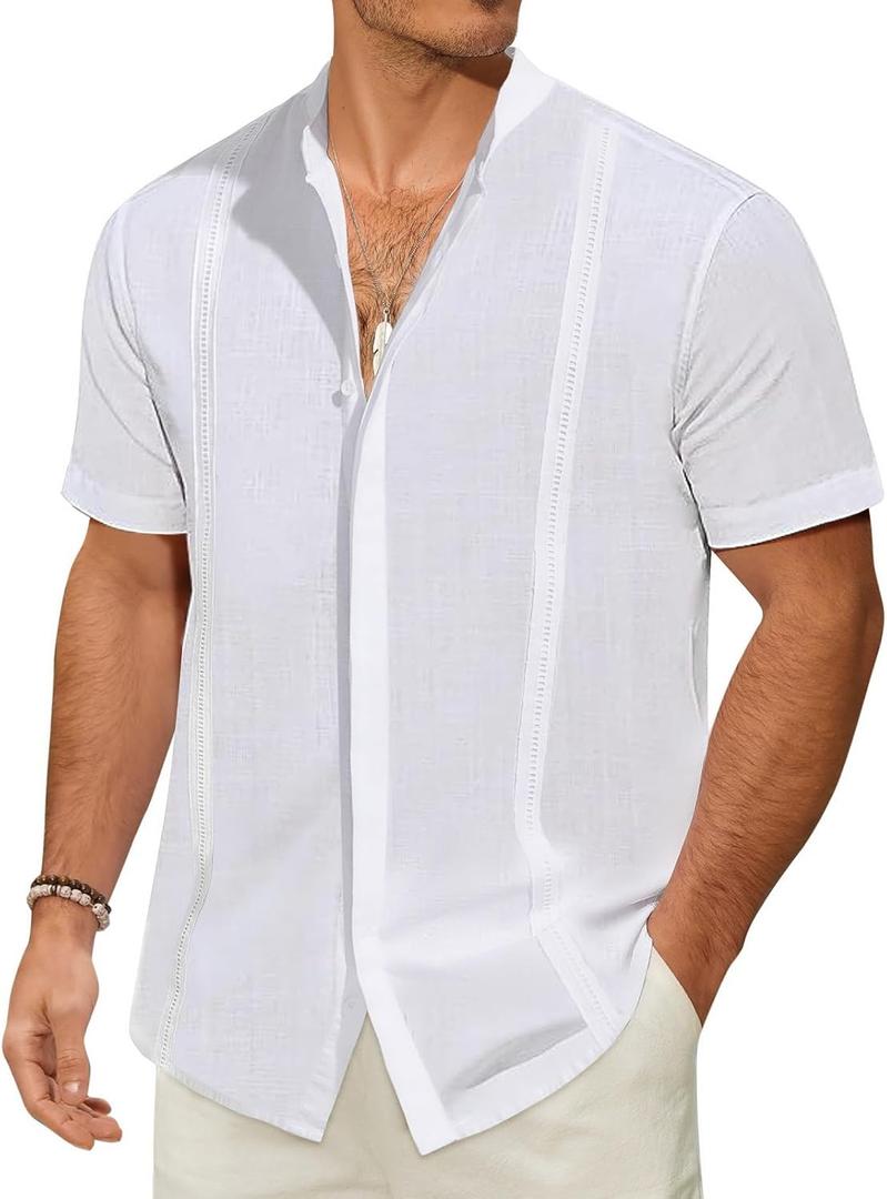 JEKAOYI Mens Casual Linen Button Down Short Sleeve Shirts Beach Summer Spread Collar Pocket Tops (White, XXXL)
