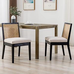 BESTANO Farmhouse Rattan Dining Chairs Set of 2 Black Wooden Dining Room Chairs Rectangle Cane Country Kitchen Chairs Upholstered Dining Chairs, Cream Linen