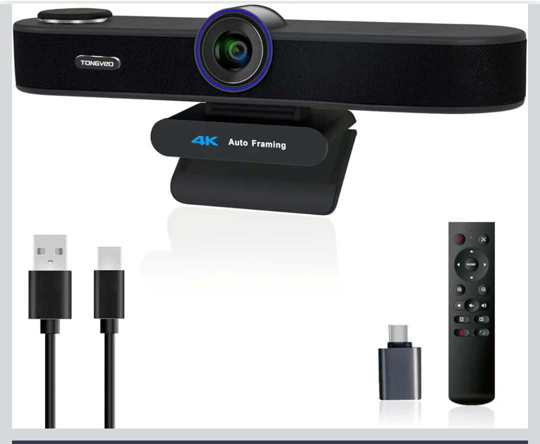 TONGVEO 3-in-1 4K Webcam with Microphones and Speaker, AI Auto-Tracking 5X Digital Zoom Webcam 4K Adjustable Field of View Remote Control Works with Microsoft Teams, Zoom, Google Meet, PC Mac Laptop