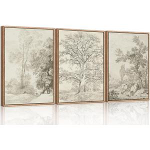 Ausril Vintage Sketchbook Forest Framed Canvas Wall Art Set, Neutral Minimalist Tree Wall Decor, Wilderness Illustration Wall Painting, Retro Botanical Art Print Living Room, Bedroom, Office-36"x24"x3