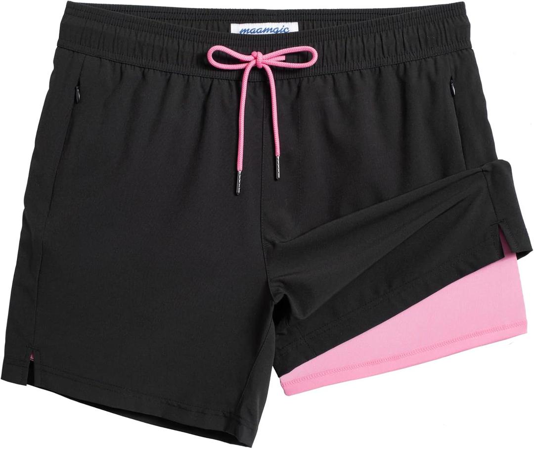 maamgic 5inch Mens Swimming Trunks with Compression Liner 2-in-1 Swim Trunks Stretch Quick Dry Swim Shorts Zipper Pockets, Large, Black and Pink