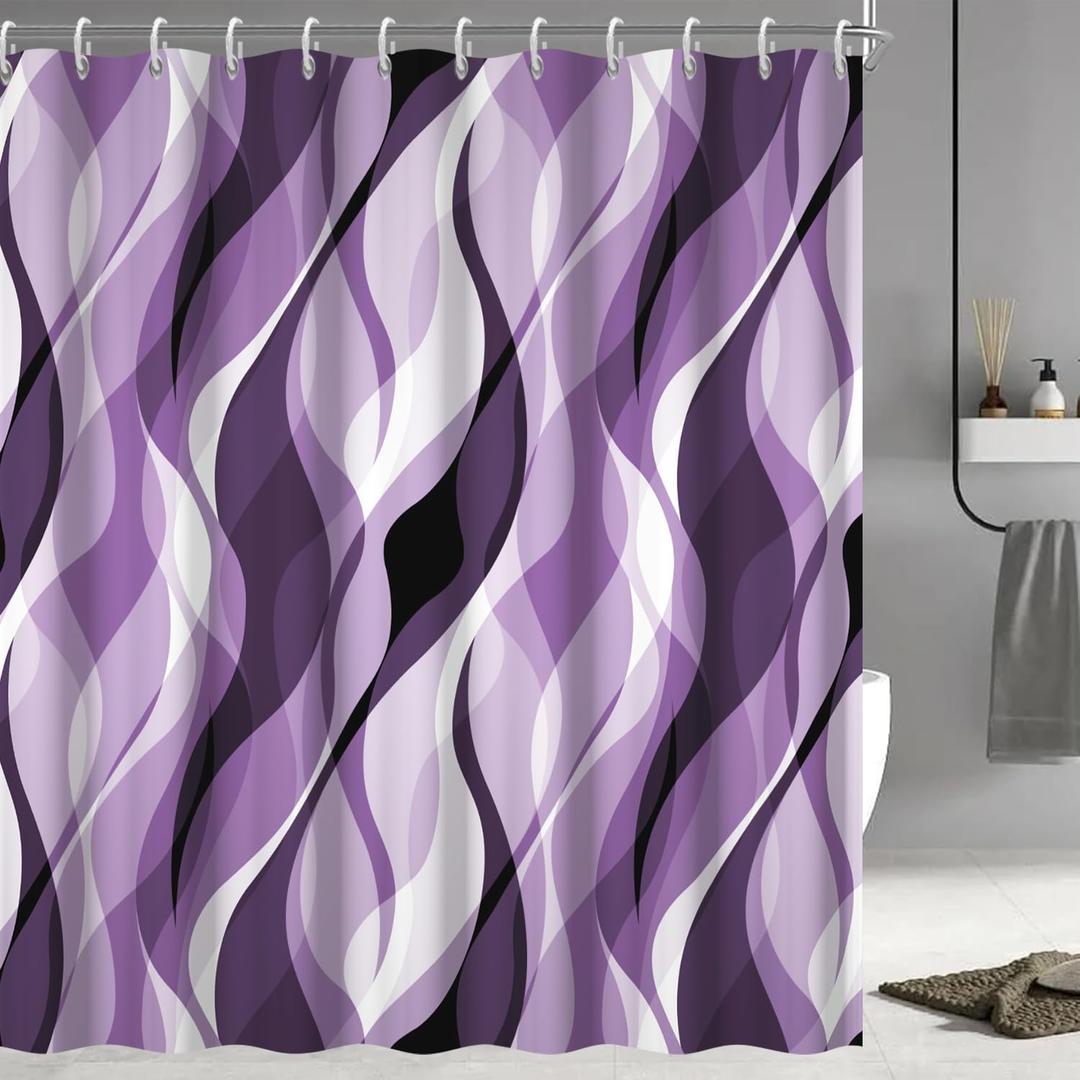 Purple Shower Curtain, Modern Abstract Purple and Grey Striped Shower Curtain for Bathroom Waterproof Lavender Shower Curtain Set with Hooks, 72x72 Inch