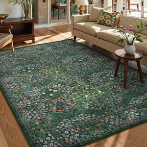 Lahome Floral Dark Green Area Rugs 5x7, Soft Washable Rugs for Living Room Bedroom, Boho Non Slip Low Pile Forest Giverny Carpet for Farmhouse Dining Room Office, Dark Green