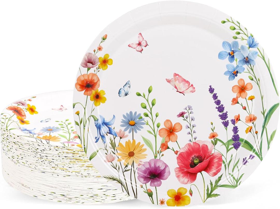 50pcs Wildflower Paper Plates, 7 Inch Disposable Wild Floral Party Plates for Spring Birthday Wedding Bridal Baby Shower Tea Party Decoration Supply