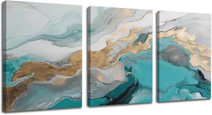 RUIFENGL Abstract Teal and Gold Canvas Prints Wall Art for Living Room Office Wall Decor Artwork Paintings Pictures for Bedroom Bathroom Home Wall Decoration Office Poster 16"x24"x3 Panels