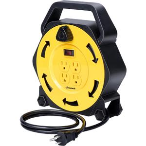 DEWENWILS Extension Cord Reel with 25 FT Power Cord, Hand Wind Retractable, 16/3 AWG SJTW, 4 Grounded Outlets, 13 Amp Circuit Breaker, Yellow, Black, UL Listed