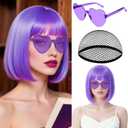 MEEZY Light Purple Short Bob Wigs Straight Hair with Flat Bangs Heart Sunglasses for Women, Colorful Funny Cosplay Daily Party Neon Wig Synthetic Natural As Real Hair Carnival Halloween Costume