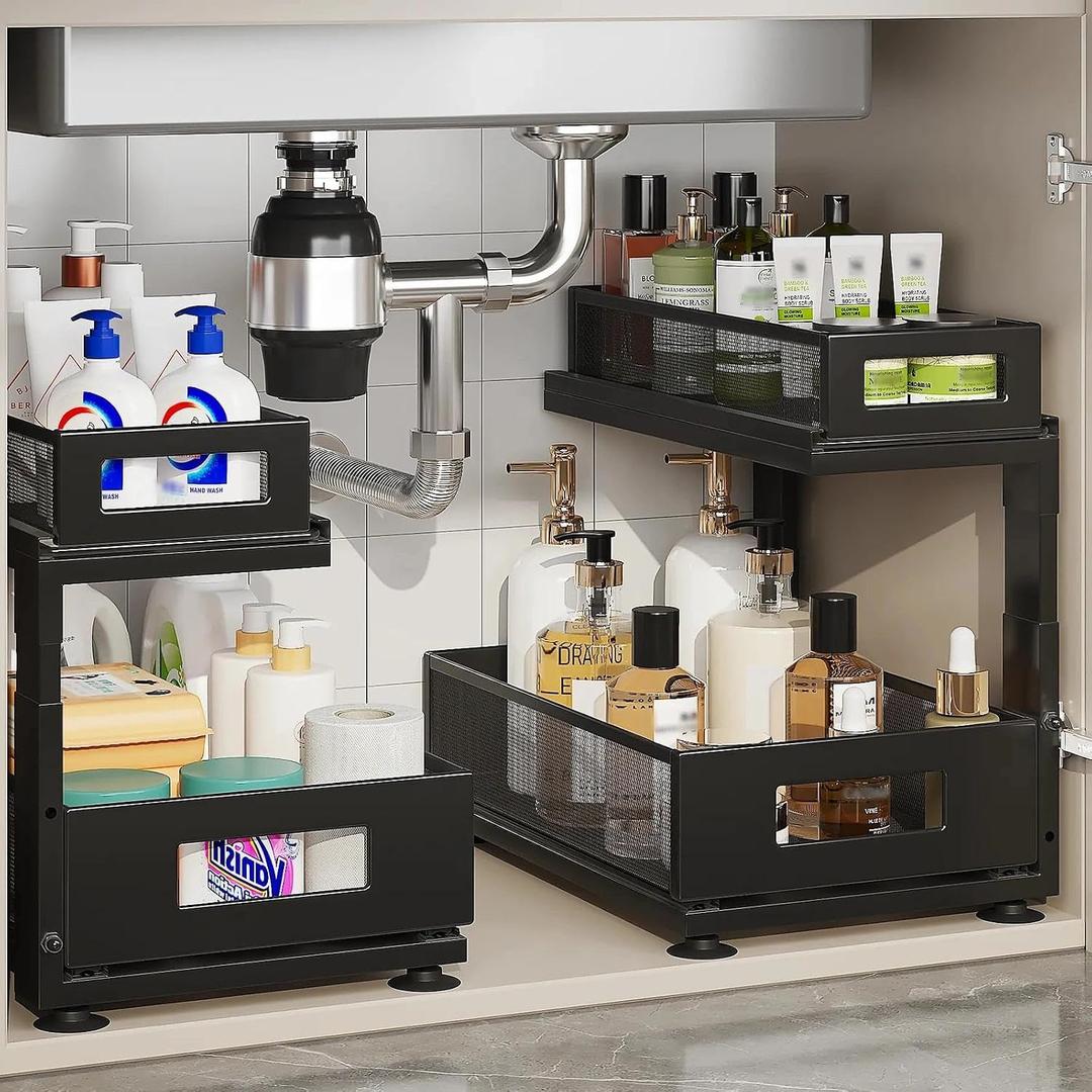 2 Pack Under Sink Organizer with Next-Gen Ball-Bearing Slides,2-Tier Pull Out Cabinet Storage,Height Adjustable Drawer Shelf for Bathroom,Kitchen,Laundry,Cabinet,Pantry, Black