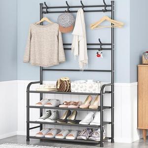 WEECRON 4 Tier Shoe Rack Coat Rack Shoe Shelf Freestanding with 8 Hooks for Front Door Entryway Bedroom Closet, Black