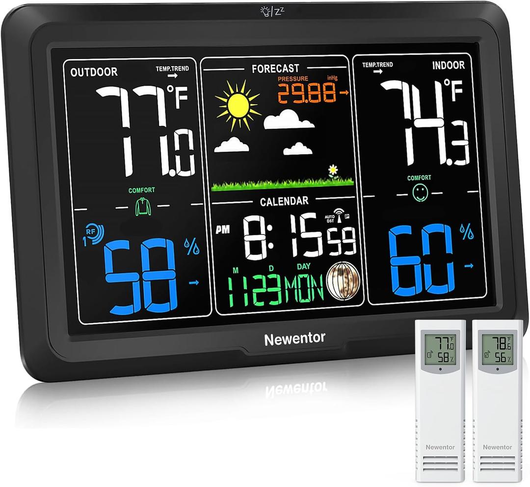 Newentor Weather Station Wireless Indoor Outdoor, Indoor Outdoor Thermometer Wireless, 7.5" Home Weather Stations with Atomic Clock, Temperature Humidity Gauge, Weather Forecast, Black, 2 Sensors