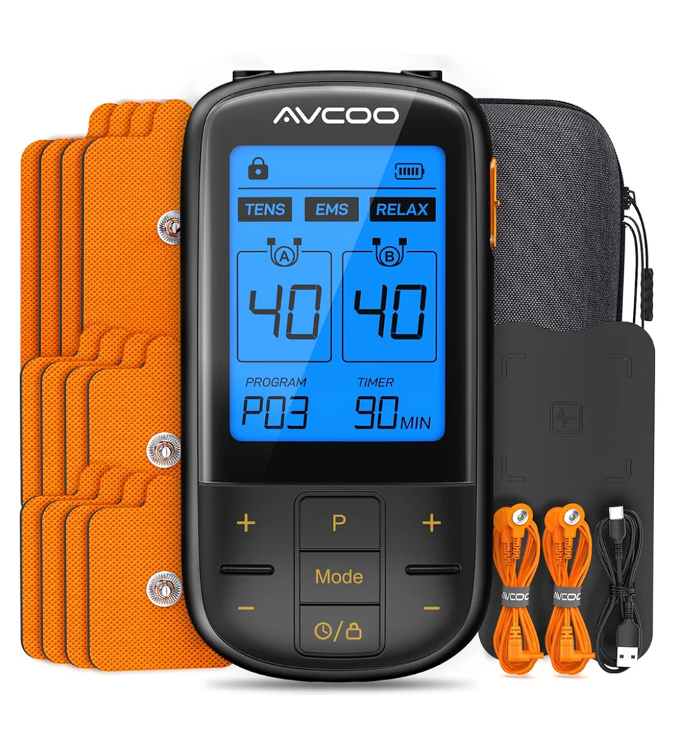 AVCOO 3in1 TENS Unit with 32 Modes, Dual Channel EMS Muscle Stimulator with 40 Intensities for Gradual Pain Relief Therapy, Rechargeable Electronic Pulse Massager with 12 Electrode Pads, EVA Case