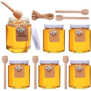 6 oz 6 Pack Hexagon Glass Honey Jars, Glass Jars with White Lids,Silver Bee Pendants,Wooden Honey Sticks,Small Tags,1.5m Jute Twine -Clear Hexagon Jars for Honey,Jams, Liquid