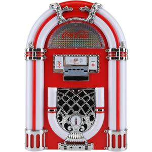 Coca-Cola Jukebox Bluetooth Speaker with FM Radio, LED Lights, 16W Output, 1800mAh Battery, USB-C Charging, 10m Range, Retro Design for Parties & Home Use