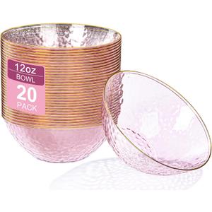 Rubtlamp 20 Pack Clear Pink Disposable Bowls, Pink Plastic Bowls with Gold Rim, 12-16oz Premium Heavy Duty Plastic Dinner Bowls for Party, Wedding and Holiday