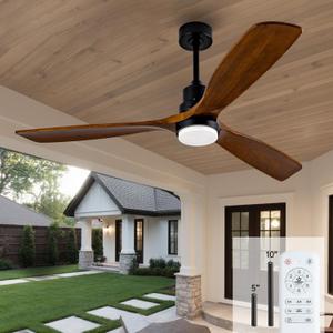 60 Inch Ceiling fans with Lights and Remote,Wood Outdoor Ceiling Fan for Patios with Dimmable LED Light,3 Blades Walnut,Noiseless Reversible DC Motor,Modern Memory Fan for Indoor,Farmhouse