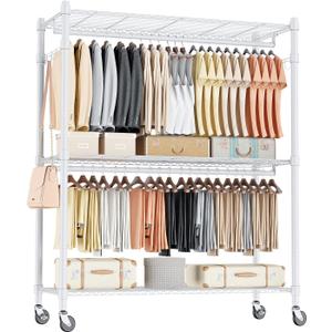 Homdox 3 Tier Garment Rack with Wheels, Portable Closets for Hanging Clothes Heavy Duty, Closet Racks and Shelving with Double Hanger Rods & Side Hooks, White (17.72"D x 47.24"W x 80.71"H)