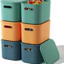 ORGIDOL 6 Pack Colorful Storage Bins with Lids Stackable Storage Container for Organizing, Storage Boxes with Handle for Shelves, Cute Storage Bin for Craft, Snacks, 9.85x6.9x5.7 inch