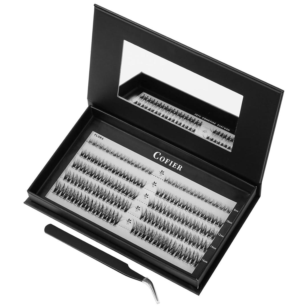 Glue-Free Wispy Lash Clusters Kit, 90 Pcs Individual Eyelash Clusters (8-16mm C Curl)- DIY Lash Extension Kit with eyelashes Tweezers, Natural Fluffy Fake Lashes for Home Use, Beginners Friendly