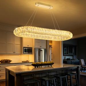 AFQEJG 32" Modern Oval Crystal Chandelier Dimmable Ring Pendant Light Round Crystal Chandeliers for Dining Room Living Room Kitchen Island Gold