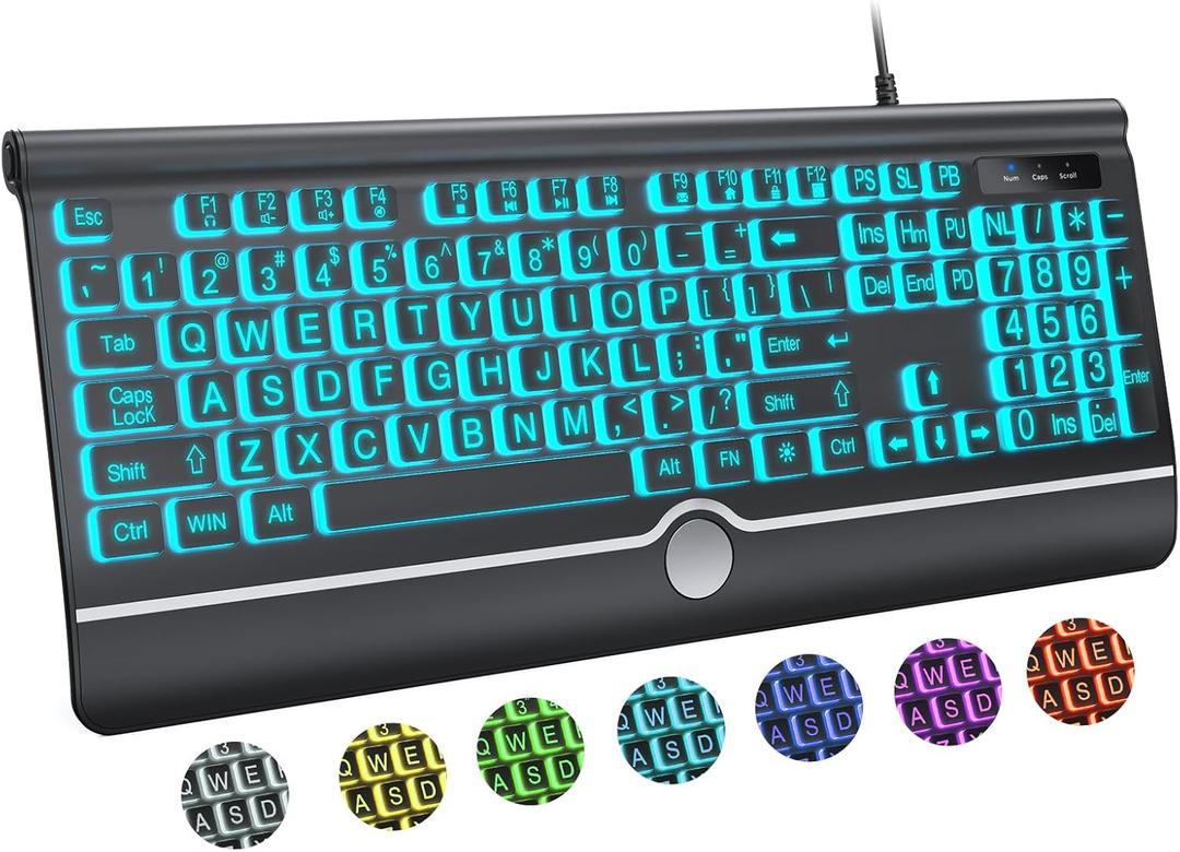 KOPJIPPOM Large Print Backlit Computer Keyboard, USB Full Size Wired Keyboards with 7-Colors Backlight, Wrist Rest, Light Up Keyboard for Windows, PC, Laptop - Easy to See, Easy to Setup (black)