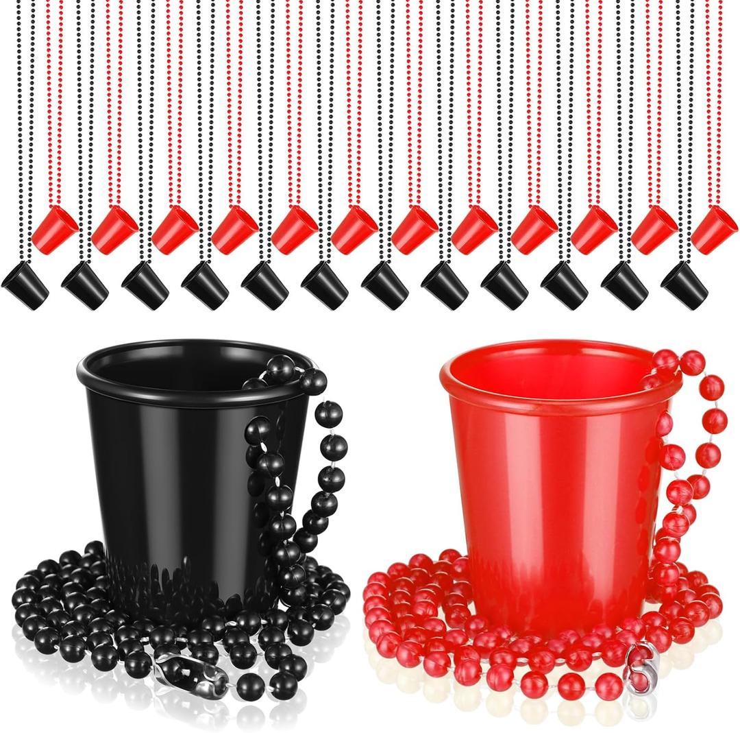 Dandat 24 Pcs Shot Glass on Beaded Necklace Graduation Accessories Disposable Mini Plastic Shot Cups for Graduation Party Accessories Bachelorette Birthday Wedding Festival Party Favor(Black, Red)