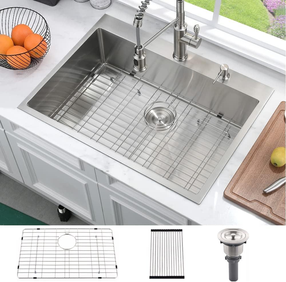 33 Inch Drop In Kitchen Sink-Bokaiya 33x22 Stainless Steel Kitchen Sink Drop In Top Mount 16 Gauge Deep Single Bowl Kitchen Sinks with Dish Grid&Strainer