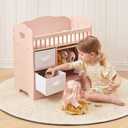 OOOK Baby Doll Crib, Wooden Baby Doll Bed and Changing Table, Dollhouse Furniture with Two Storage Box, Bedding and Coat Hangers, Nursery Playset Suitable for Dolls Under 22 Inches, Pink, 22 x 11.4 x 22.6 inches