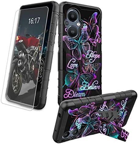 BREIDMKFM Case for OnePlus Nord N20 5G, with Tempered Glass Screen Protector Heavy Duty Built-in Kickstand Shockproof Phone Case for OnePlus Nord N20 5G 2022, Pink Purple Butterfly Positive Quotes