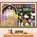 Pasimy 72 Pcs Spring Easter Bulletin Board Decorations 3D Egg Bunny Flowers Paper Cutouts Classroom Decors Egg Cited for Spring with Grass Flowers Birds Bunny for Home Nursery School Party Supplies
