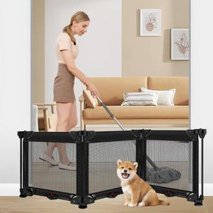 3-Panel Free Standing Dog Gate with 4 Suction Cups, 60 x24 Inch Tall Foldable Dog Gate Indoor, Step Over Pet Gate Collapsible Pet Fence Puppy Barrier Mesh Gates for Stairs or Doorways, Black