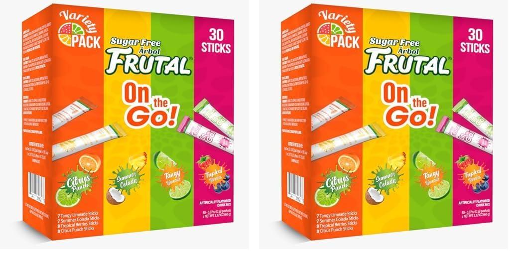 Powdered Drink Mix Variety Pack, Sugar Free!  Fruity flavors - Summer Colada, Tangy Limeade, Citrus Punch & Tropical Berries Packets (30 Count of Stick Packs) - Frutal On-The-Go! (Pack of 2)