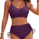 Blooming Jelly Womens High Waisted Bikini Sets Drawstring Tummy Control Swimsuits Crisscross Tie Back Bathing Suit M B