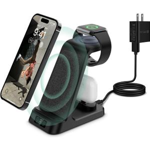 DDUAN Wireless Charging Station, 3 in 1 Fast Charger Stand, Wireless Charger for iPhone15/14/13/12/11/Pro/Max/X/XS/Max/XR/8 & Apple Watch 8/7/SE2/Airpods1 2/Pro1 2 (Black)