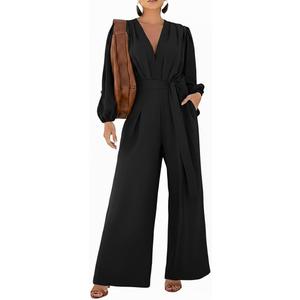 CHICME Womens 2025 Elegant Long Puff Sleeve Jumpsuit Deep V Neck Tie Waist Casual Wide Leg Pants Romper with Pockets (Medium, Black)
