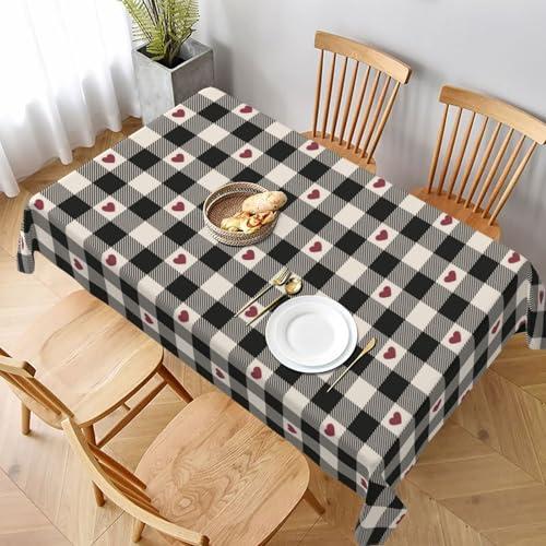 BETGINY Checkered Valentines Tablecloth Rectangle 60x84 Inch,Black Plaid Table Cloth,Stain Resistance Polyester Red Heart Memorial Day Table Covers for Kitchen Dining Parties Picnic