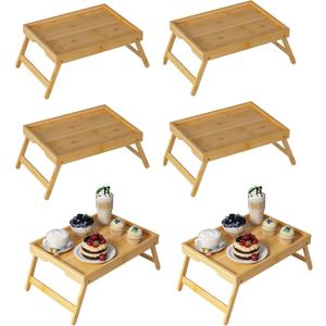 Bed Tray Table with Folding Legs, Bamboo Breakfast in Bed for Kitchen Serving Tray, Sofa, Eating, Used As Laptop Desk Snack Tray (Pack of 6, Bamboo Color)